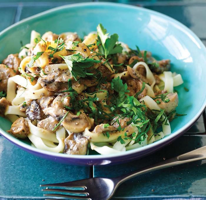 Creamy vegan mushroom stroganoff recipe from The Blender Girl cookbook via @BlenderBabes